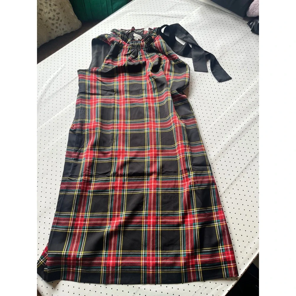 J.Crew Black Tartan Plaid Bow Neck Holiday Shift Dress Pockets 8